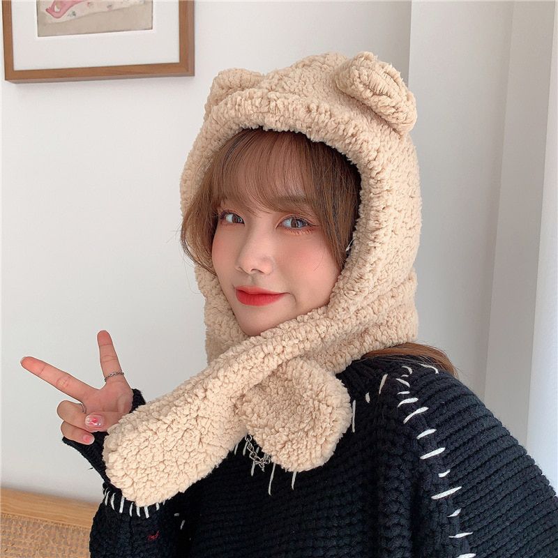 Cute Bear Ears Hooded Scarfs Women Thicken Imnation Wool Female Winter Lamb Scarf Hat One Piece Cozy warm Beanies hats Gorro