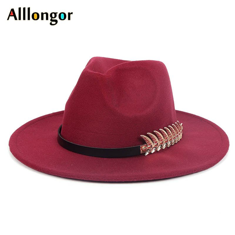 Classic Fashion 2021 Winter Wide Brim Fedora Hat Women Men Belt Panama Jazz Cap Trilby Felt Vintage Hats Chapeau feutre Black