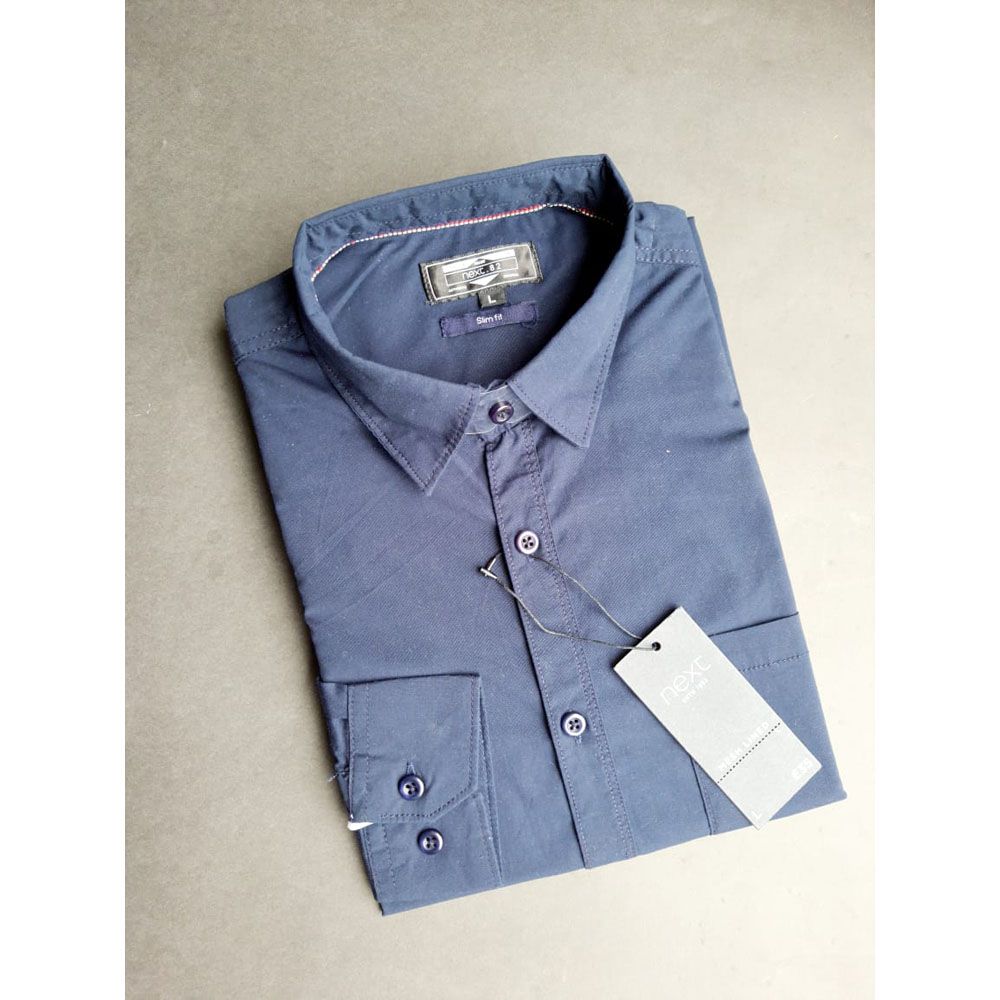 Navy Blue Solid Cotton Long Sleeve Casual Shirt for Men