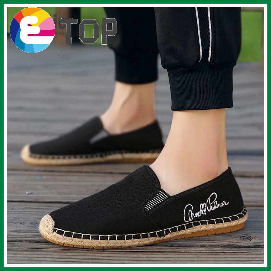 Senlier Men Summer Canvas Shoes Casual Driving Loafers Slip on Flat Shoes for Men Kasut Lelaki (Black,White)