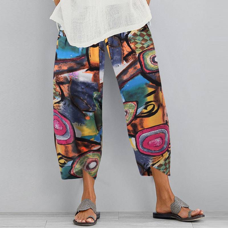 Women Vintage Harem Pants Floral Print Elastic Waist Plus Size Loose Trousers Cotton Linen Wide Leg Pant Loose Summer Pants