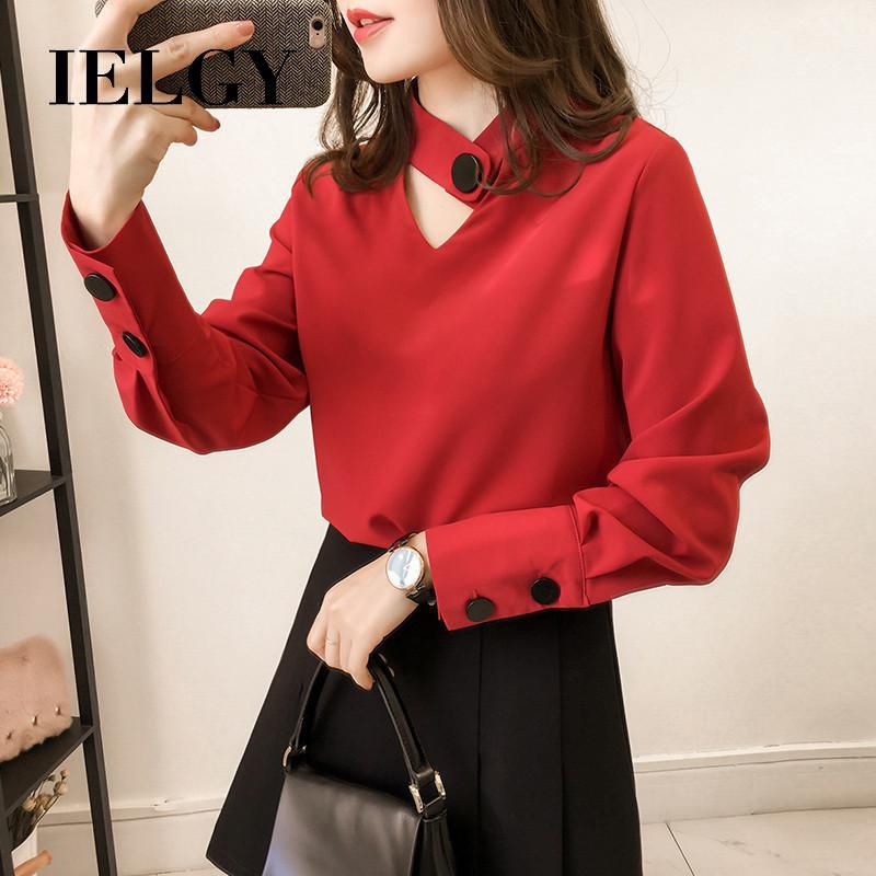 IELGY women's new hollow hanging neck chiffon shirt female long-sleeved shirt loose thin solid color base shirt tide