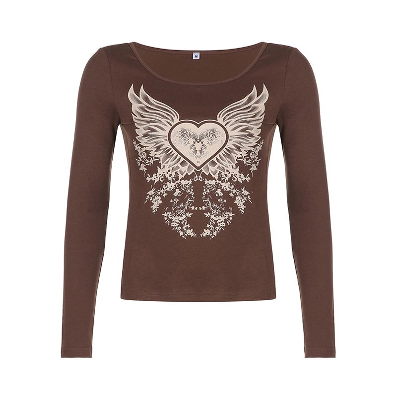 Women Close-fitting Pullover, Brown Printed Pattern Round Collar Long Sleeve Tops, S/ M/ L