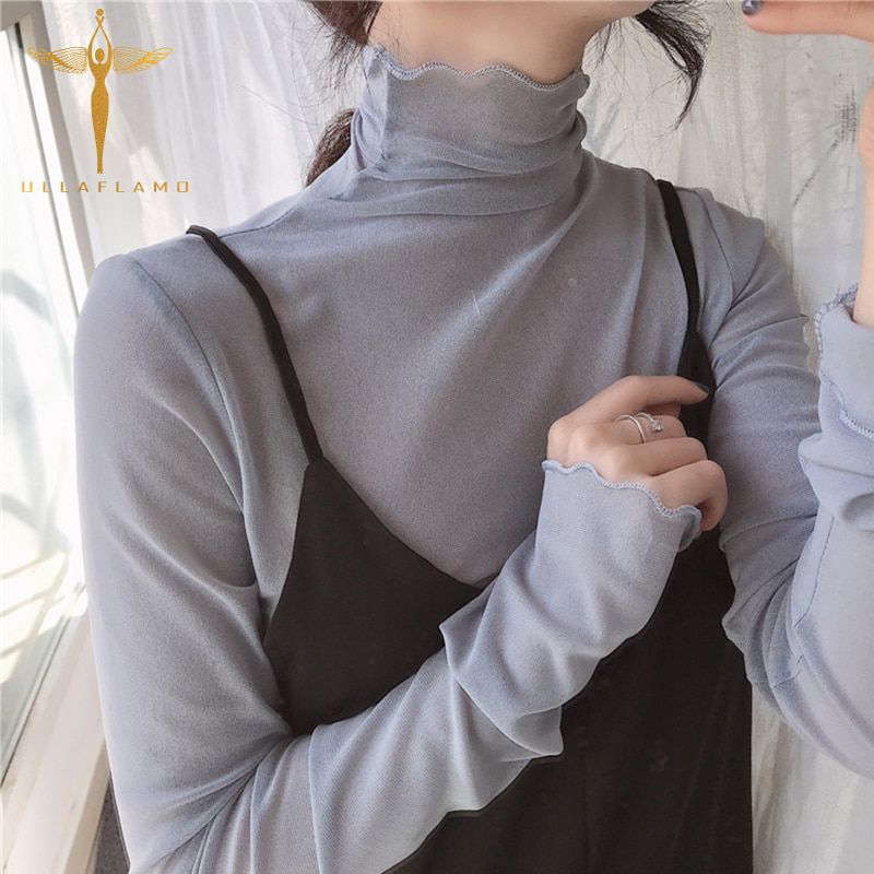 Solid Color Fungus High Neck Lace See Through Women Tshirt Retro Temperament Mesh Women's T-shirt Office Lady Splice Tshirt