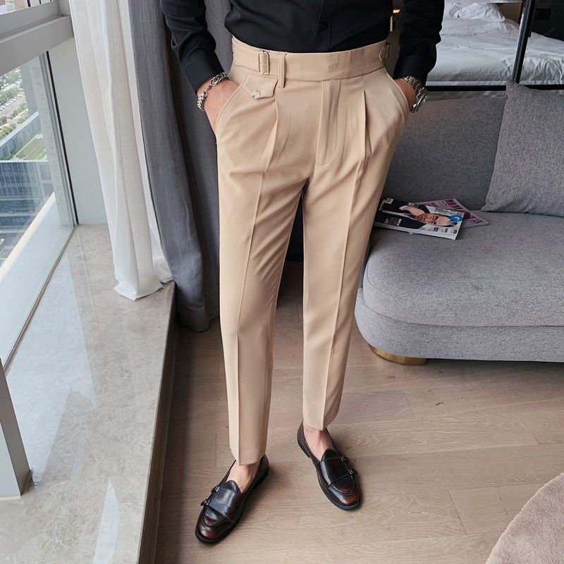 Design Men High Waist Trousers Solid England Business Casual Suit Pants Belt Straight Slim Fit Bottoms White Clothing