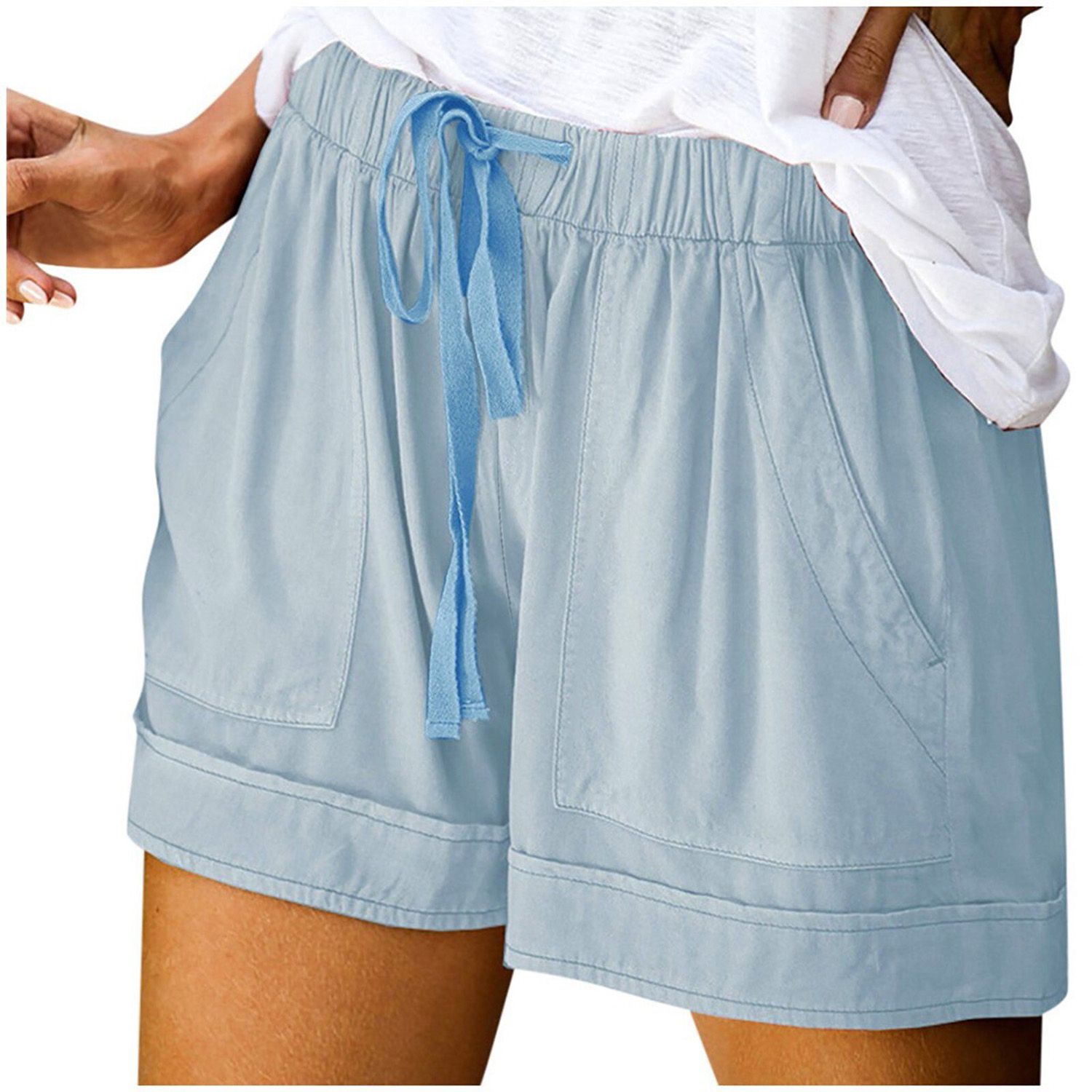 Womens Comfy Drawstring Shorts Solid Plus Size Splice Casual Shorts Elastic Waist Pocketed Loose Shorts шорты женские New