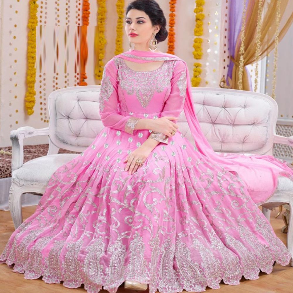 Comfortable Party / Wedding Semi-Stitched Free Size Embroidery Soft Indian Georgette Jorjet Shalwar Kameez Three Piece / Salwar Kameez