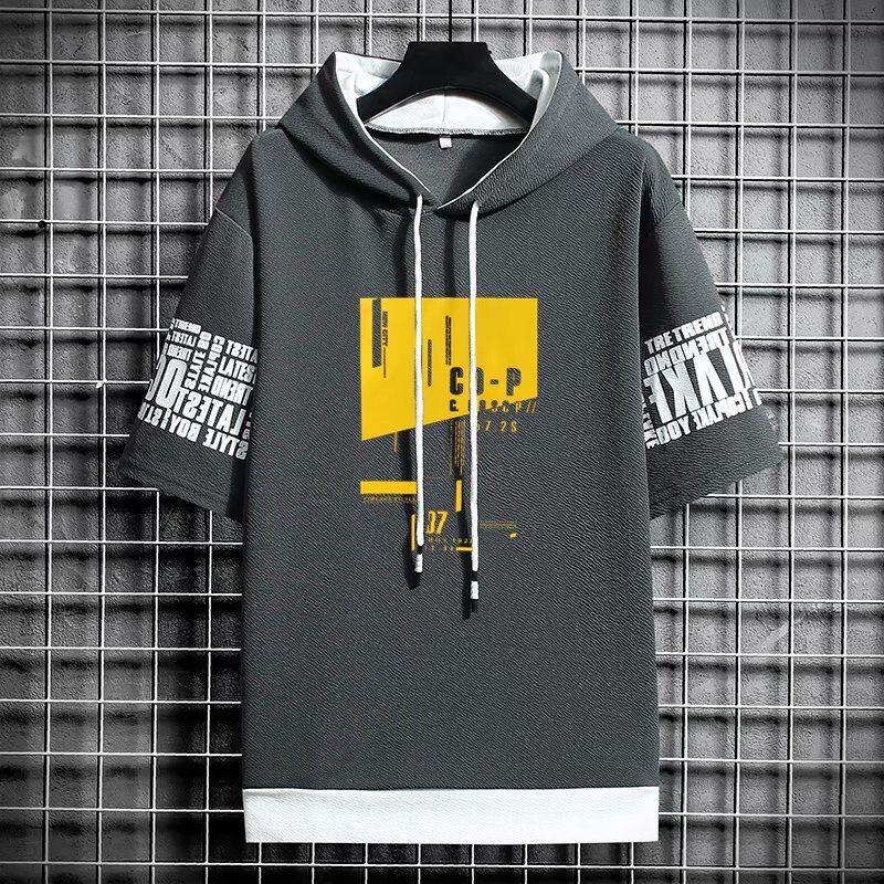 Korean Style Men's Hoodies Fashion Streetwear Half Sleeve Hooded Sweatshirts Men Casual Harajuku Prints Men Clothing Hoodies