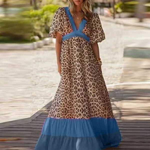 Elegant Deep V Neck Short Sleeve Beach Dress Women Retro Leopard Print Patchwork Long Dress Summer Casual Loose Maxi Party Dress