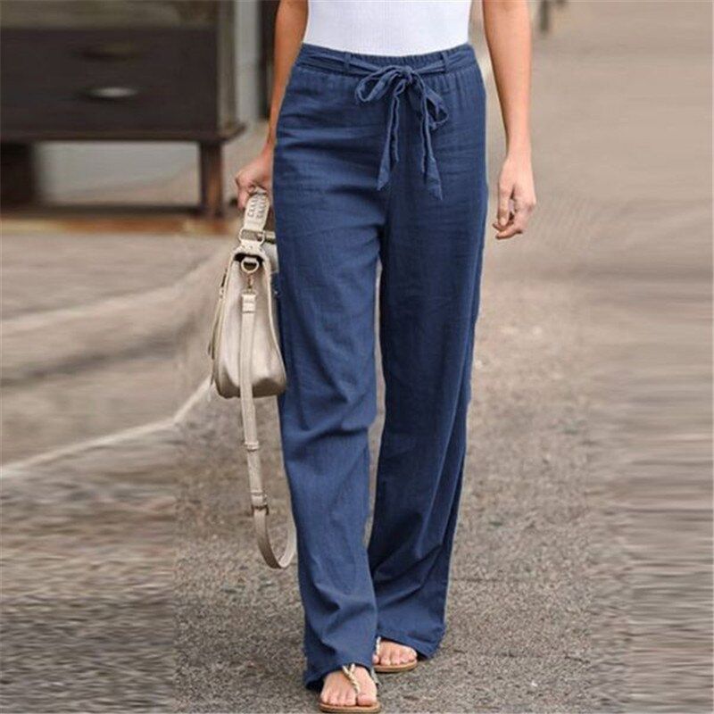 Women Wide Leg Pants Comfort Solid Linen Cotton Belt Lace-up Pants Casual Loose Straight Pants Ladies Long Trousers Plus Size