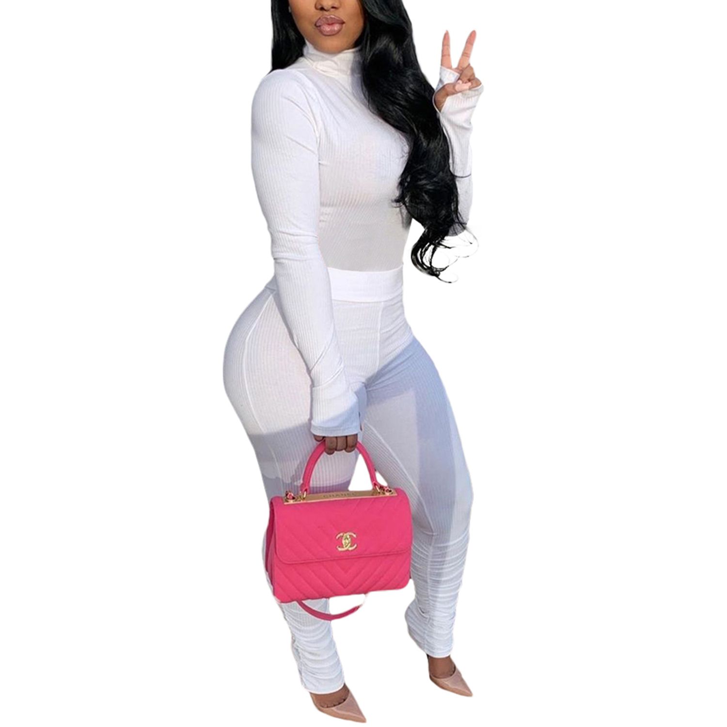 Women's Solid Color Casual 2 Pcs Clothes, High Neck Long Sleeve Shirts Top + Bodycon Ruched Long Pant