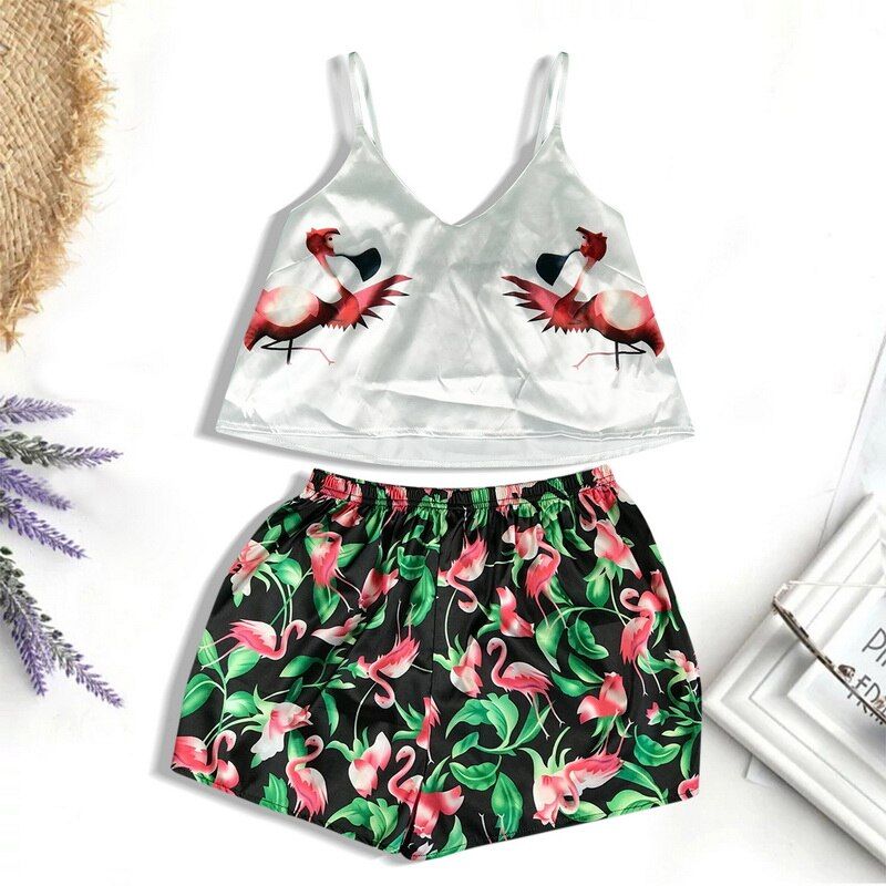 Ladies Pajama Set Cute Print  Sleepwear Silk V Neck y Pijama Satin Night Home Suits Wear Sleeveless Top And Shorts