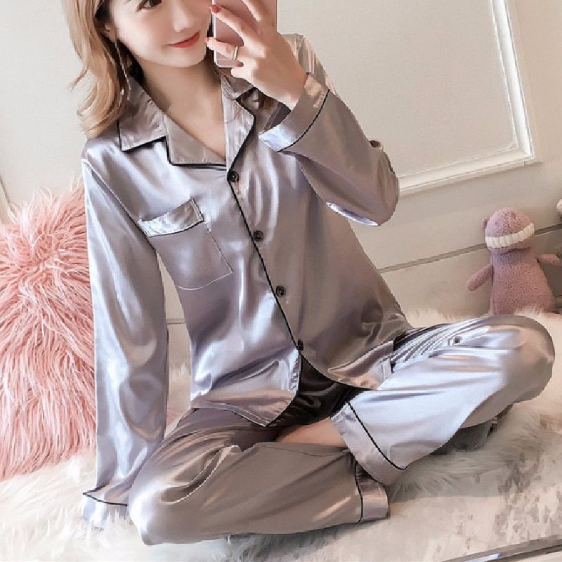 Women Pajamas Sleepwear  Autumn Long Sleeve Pijamas y Nightwear 2PC Silk Satin Pyjamas Sets For Woman Plus Size 5XL