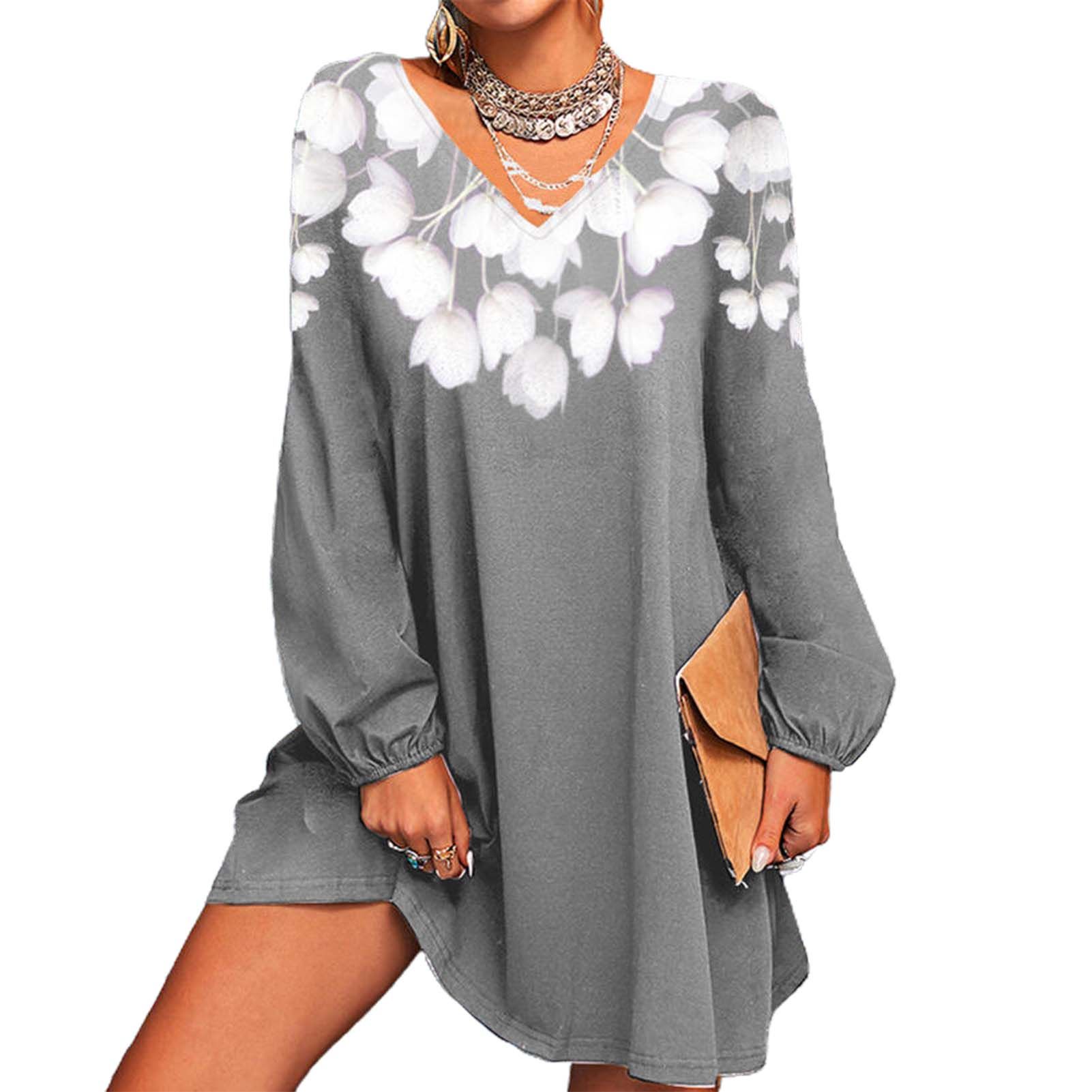 Lady Dress Puff Sleeve V-Neck White Flower Print Lady Dress
