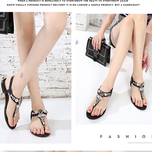 35-45 Gorgeous Women Sandals Bright Diamond Shiny Upper Shoes Women Soft Insole Sandals Banquet Beads Bohemia Clip Toe Flat Heel Elastic Shiny Shoes Ladies
