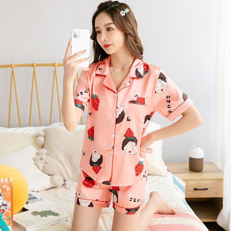 Women's Sleepwear Set y Cute Print Short Set Pajamas for Women Silk Pajama Set Sweet Short Sleeve Top & Shorts Summer Pijamas