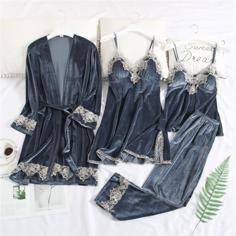 Women Winter Velvet 4 Piece y Pajamas Set  Dressing Gown Lace Sling  Shorts Warm Robe Sleepwear Woman Pajamas