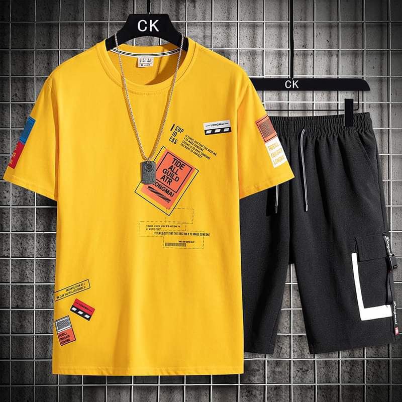 Yellow & Black Color Stylist Printed Cotton Half Sleeve T-Shirt ( Set )for Men