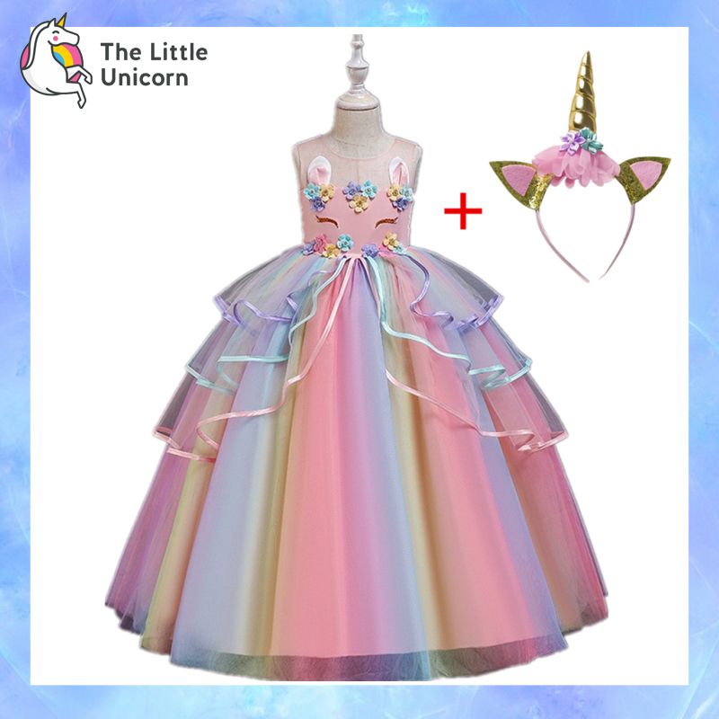 Girls Unicorn Dress Gown Night Child Birthday Party Wedding 5-14y Summer Dresses Embroidery Applique Long with Headband