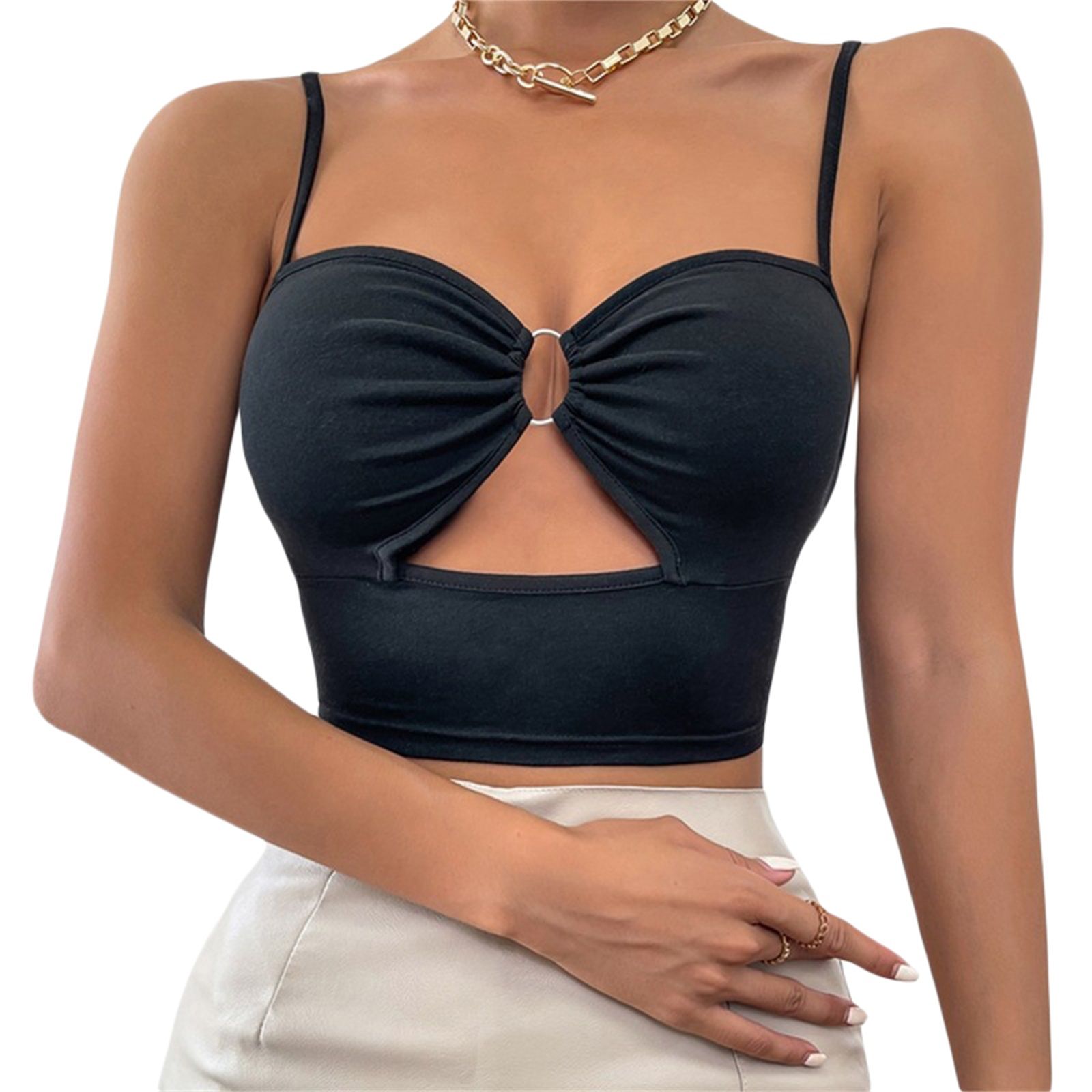Women Camisole, Spaghetti Strap V Neck Cut-out Round Ring Linked Sleeveless Cami Tops Slim Vest