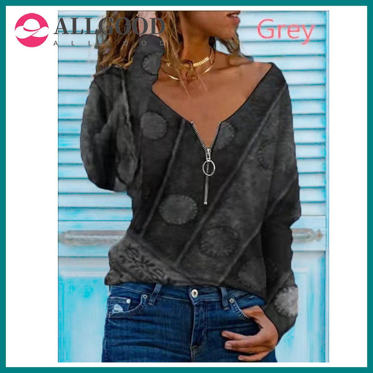 Women's T-shirt  Spring and Summer New Fashion Vintage Printed Zipper V-neck Long Sleeve T-shirt Casual Plus Size Soft Top