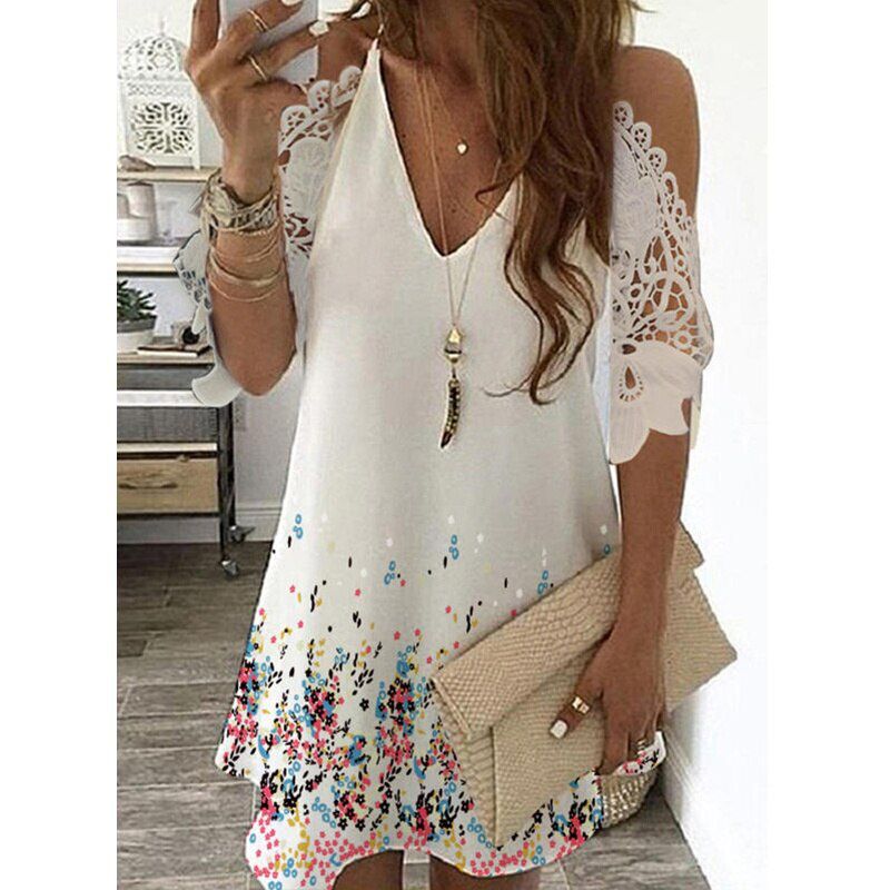 Print Floral Vintage Dress Women Summer Casual V-Neck Beach Sling Dress Off Shoulder Lace Party Dresses Plus Size Robe