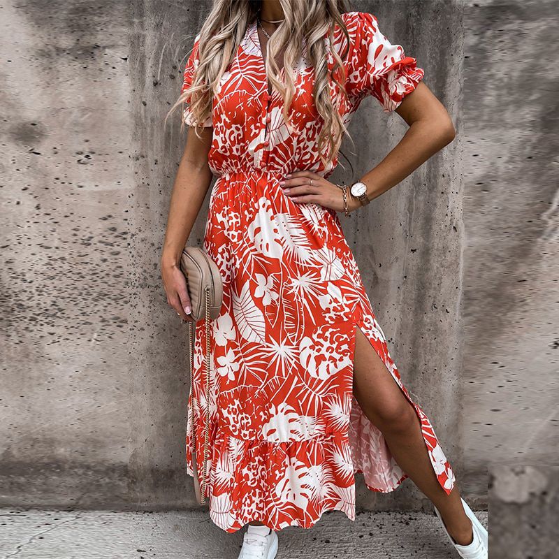 Women Floral Print V Neck Side Slit Party Dress Spring Summer Short Sleeve Elegant Ladies Sexy Elastic Waist Slim Dress Vestidos