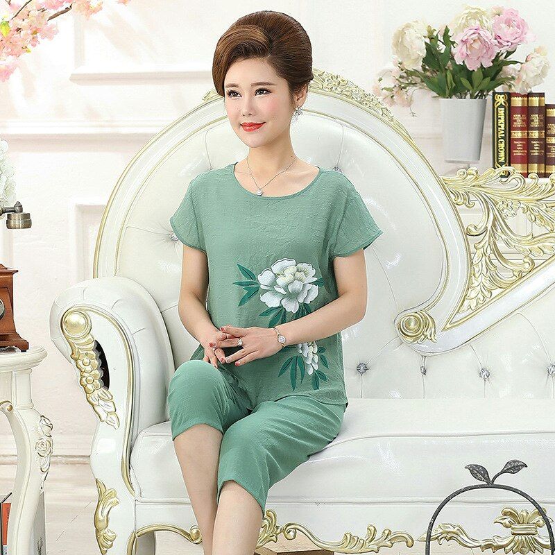 Women pyjamas home clothes plus size sleepwear set short sleeve pajamas for women pijama sets cotton linen pijamas XL-4XL A525