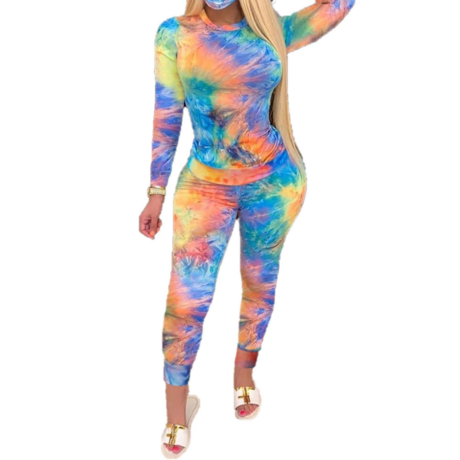 Women’s Two Piece Casual Clothes Fashion Tie-dye Long Sleeve Pullover T-shirt and Elastic High Waist Trousers