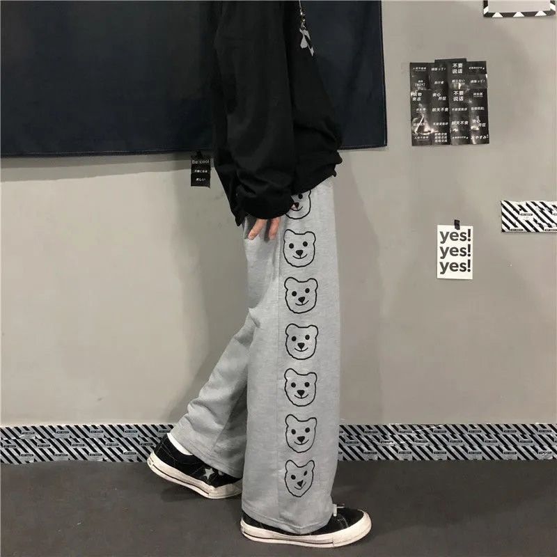 Korean Style Wide Leg Pants pants Bear Print Trousers Women vintage Autumn Fashion Streetwear Sweatpants