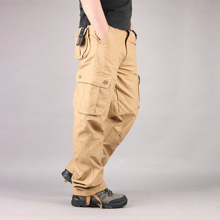 Thoshine Brand Men Casual Cargo Pants Straight 90% Cotton Many ckets Outdoor Safari Style Trousers Loose Oversize Plus Size