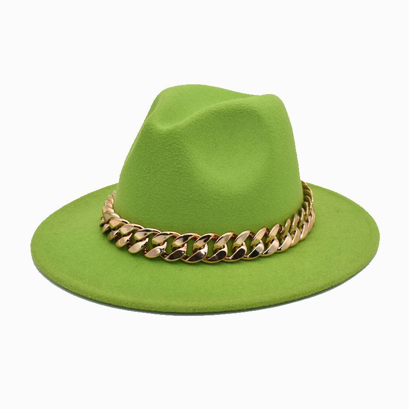 Winter Women Chain wide brim Fedora hat Men elegant retro style British woolen jazz hat solid color Panama