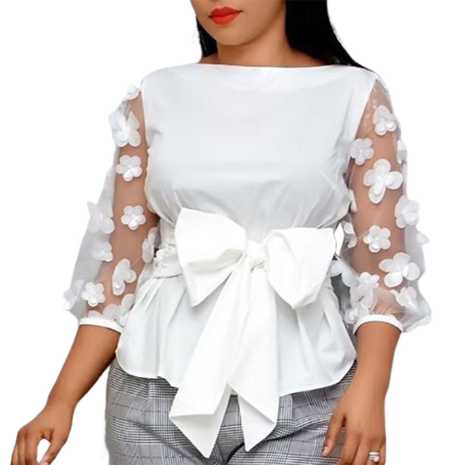 Women Blouse Pure Color Round Neck Lady Shirt