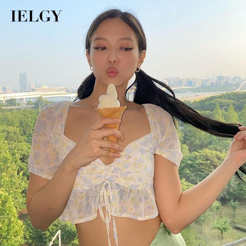 IELGY short sleeves floral navel chiffon shirt western style gauze V-neck blouse Women's clothing ruffles