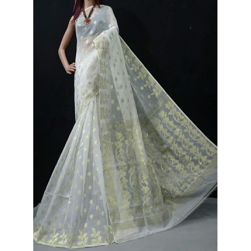 White Color Tangail  Tat Jamdani 13.5  Hand  Pure  Silk Saree For women