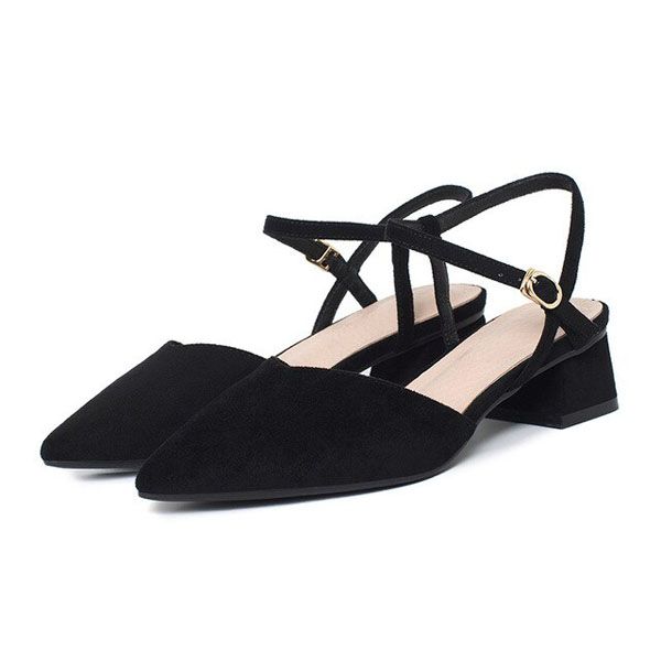 New Women Flat Sandals Solid Pointed Toe Low Heels Buckles Shoes Ladies Vintage Party All-Match Footwear Summer Size 34