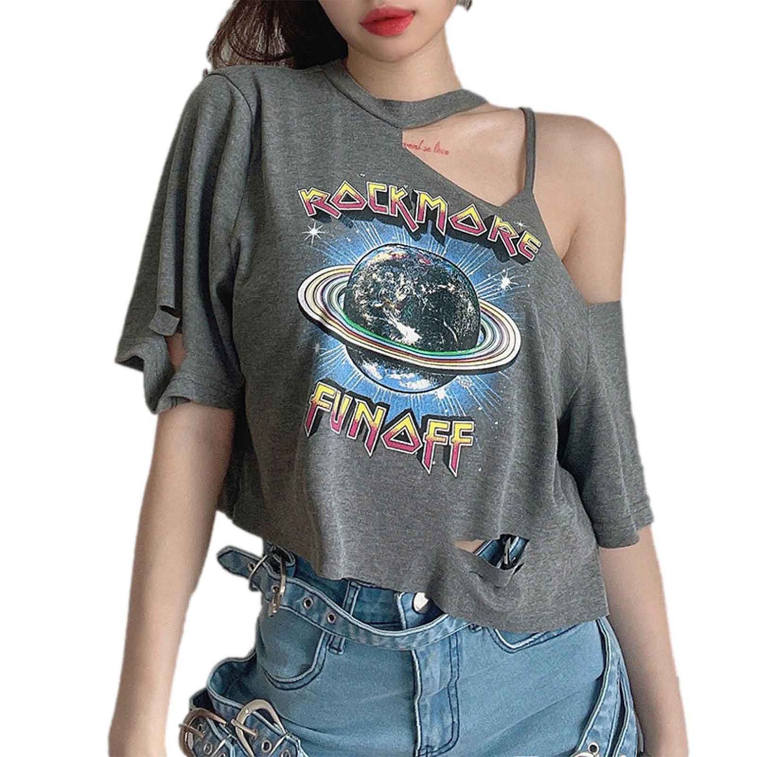 Women’s Casual Short Sleeve T-shirt Fashion Printing Ripped Exposed Navel Loose Pullover Tops