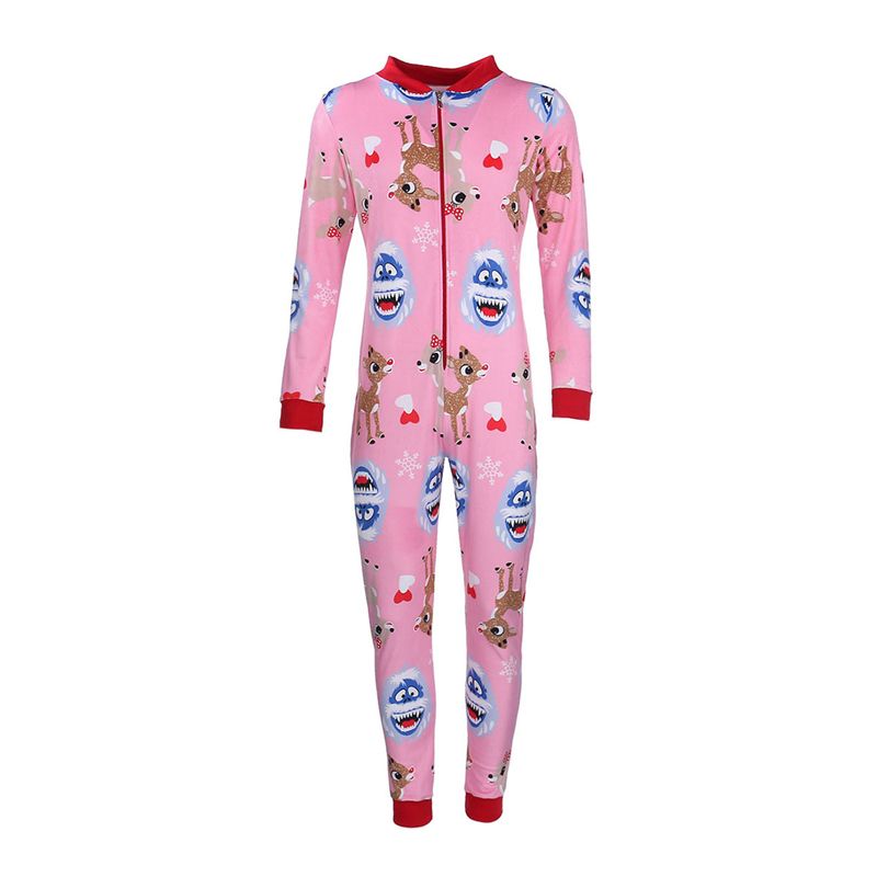 Women Autumn Outfit, Cartoon Deer/Snowman Printing Long-Sleeves Casual Jumpsuit with Zipper Open for Girls, 6 Sizes