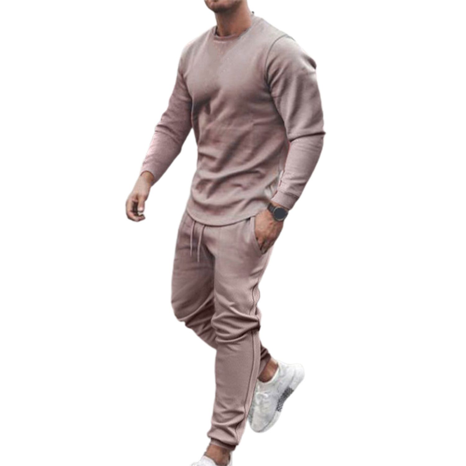 Men Tracksuit Elastic Waist Ribbing Cuff Casual Pants Suit