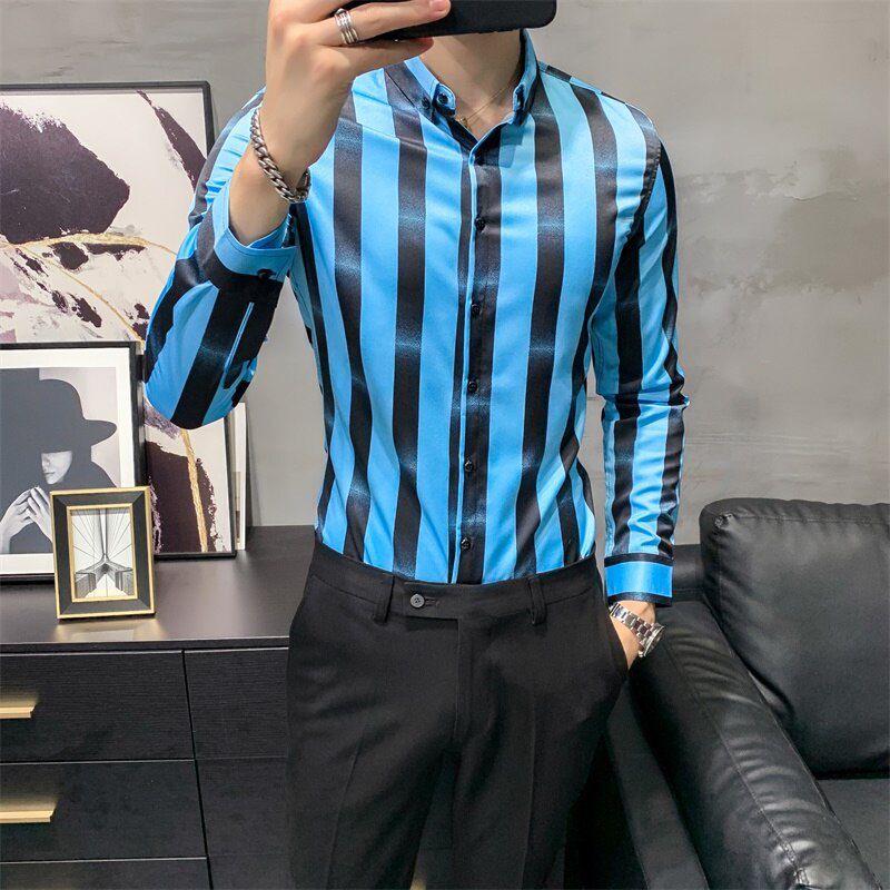 Korean Men Plaid Shirts Fashion 2021 Long Sleeve Men Work Shirt All Match Simple Printed Blouse Men Clothing Slim Fit Tuxedo 3XL