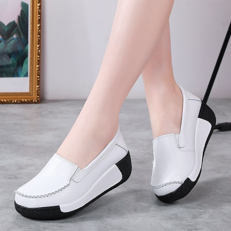 Wedge Shoes for Women Plus Size 35-41 Leather Thick Platform Shoes Ladies Slip on Loafers Women Shoes