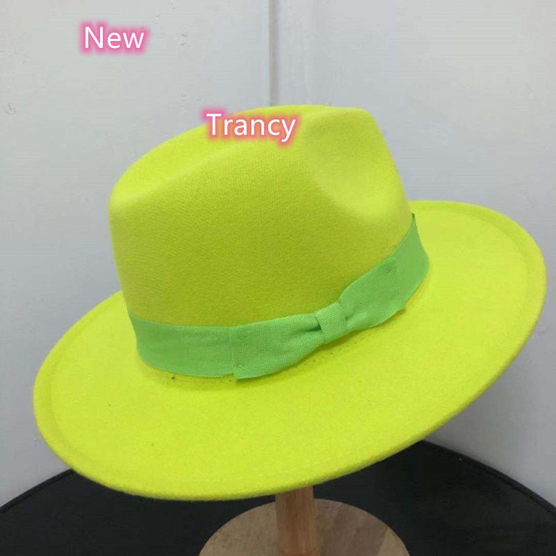 Fedora hat fluorescent green new color hat flat brim hat Panama felt hat shallow top fedora hat ladies men hats шляпаженска