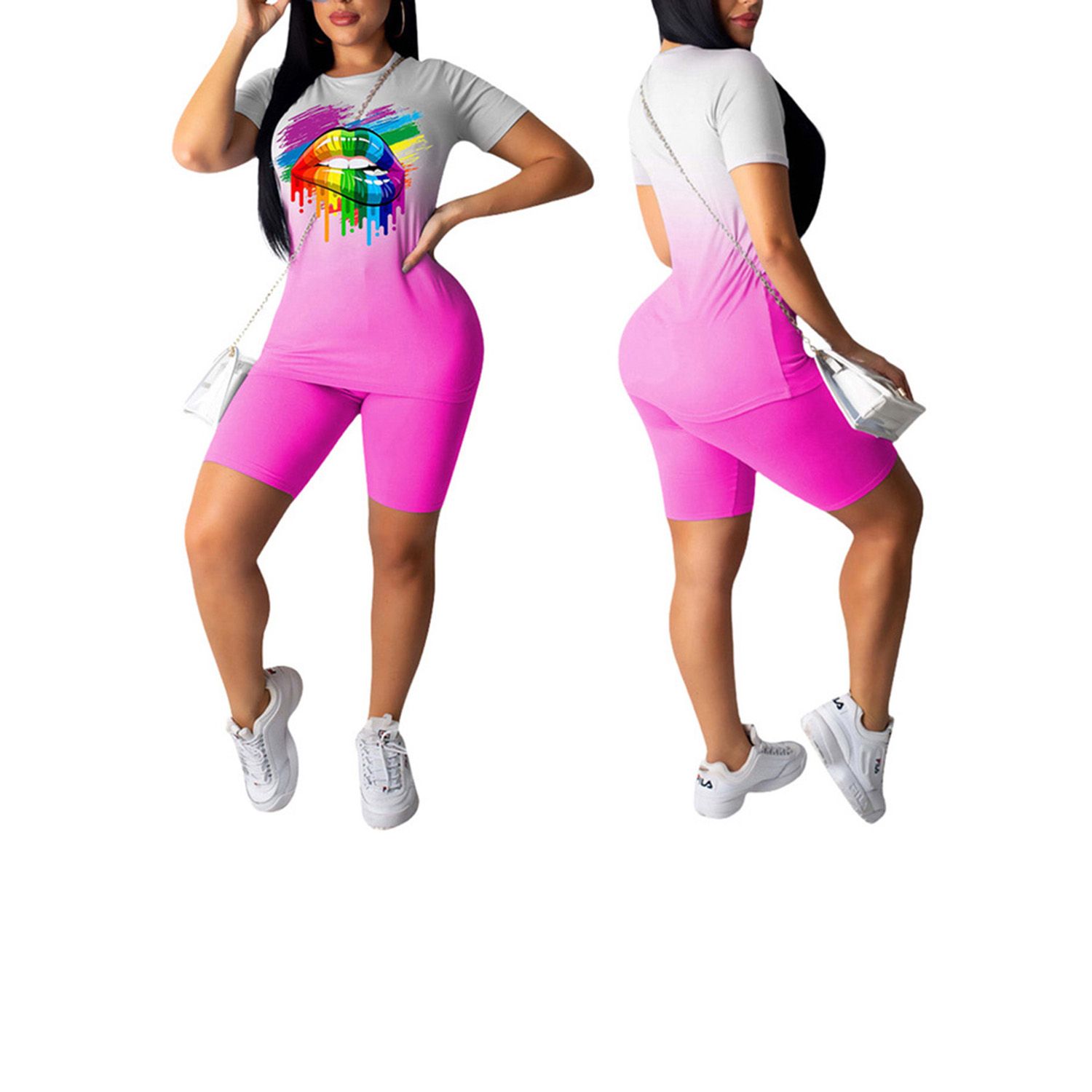 2021 Women's Gradient Lip Print Set Round Neck Short Sleeve Top + Slim Elastic Waist Shorts