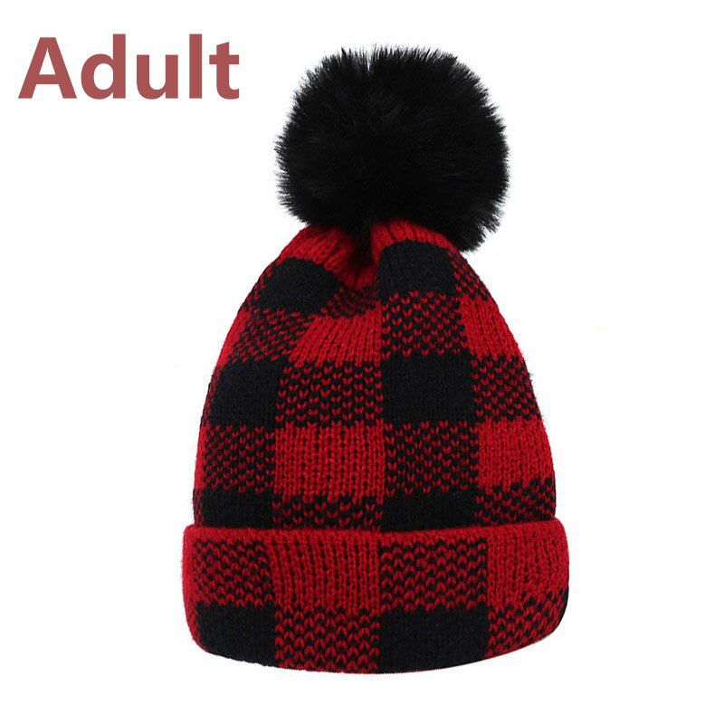 Mom and Baby Matching Hats Lovely Red Black Plaid Winter Warm Ball PomPom Knitted Beanies Hat Caps For Boys Girls Kids