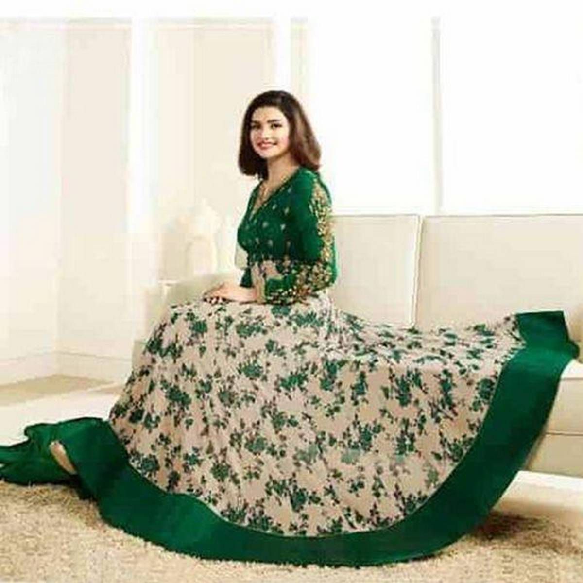 Unstitched Dark Green and White Georgette Gown for Women