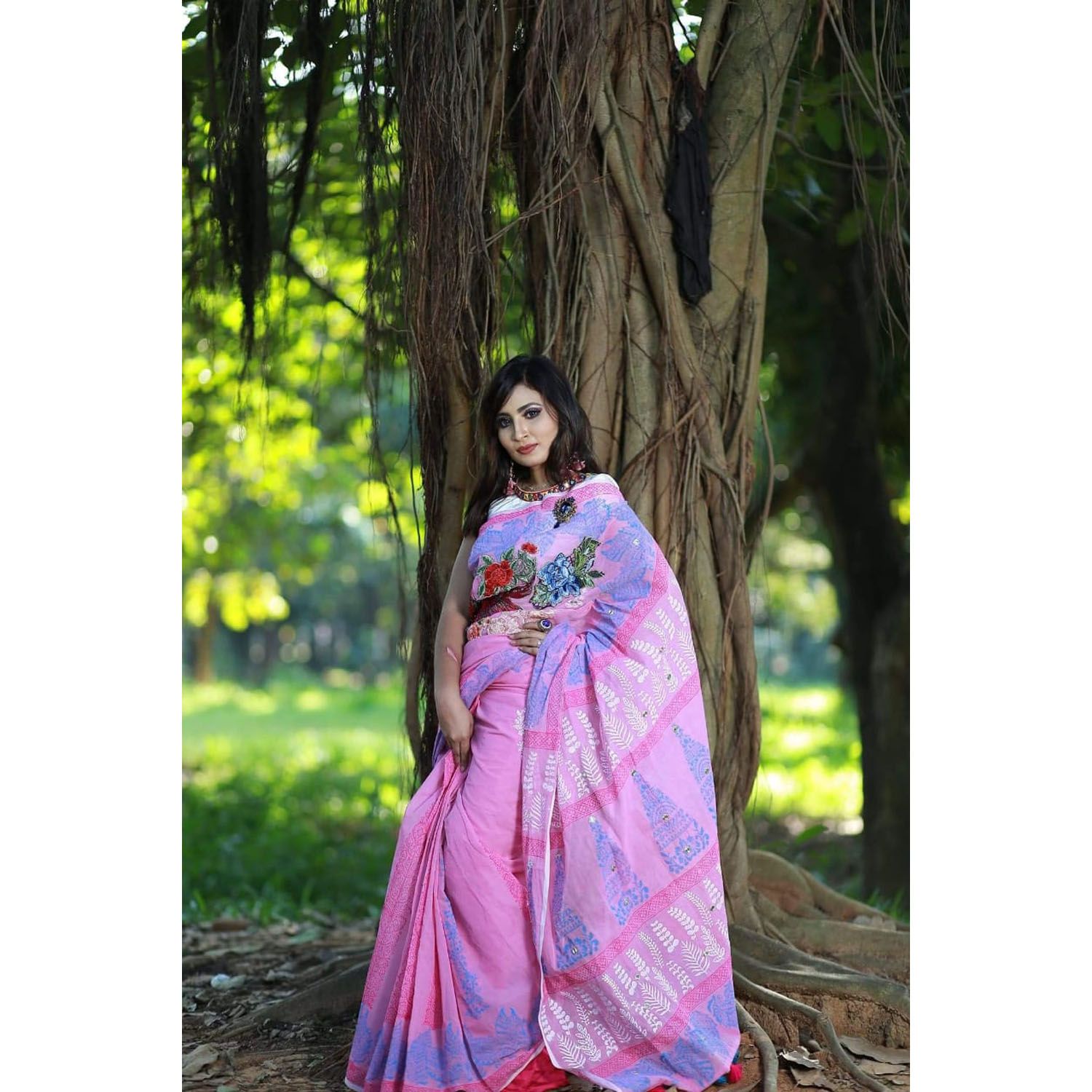 Embroidery Cotton Block Printed Saree For Women