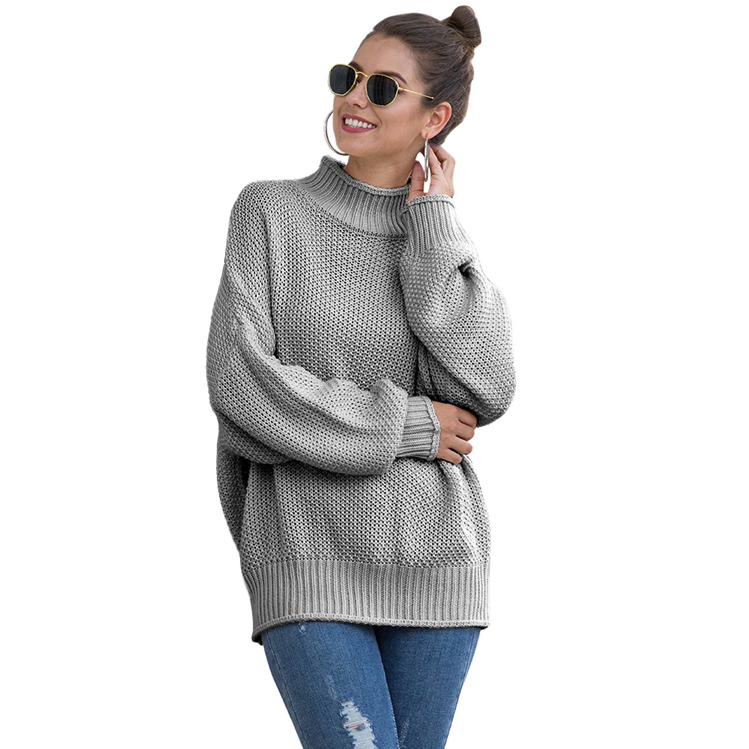 Women’s Fashion Long-sleeved Sweater Personality Solid Color Oversized Round Neck Top
