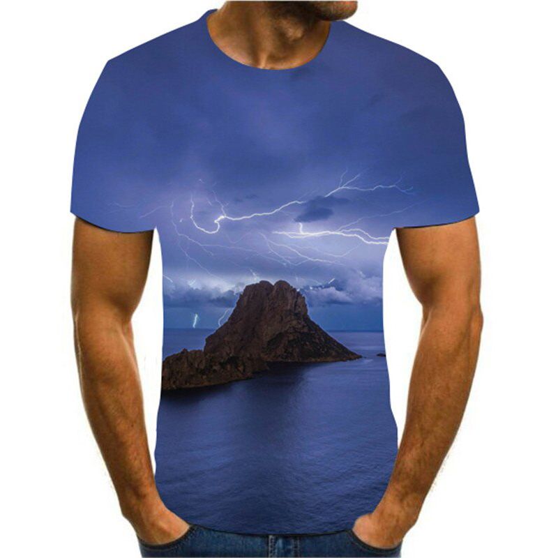 men's 3D print T-shirt, lightning landscape print T-shirt, black summer T-shirt, round neck beach T-shirt