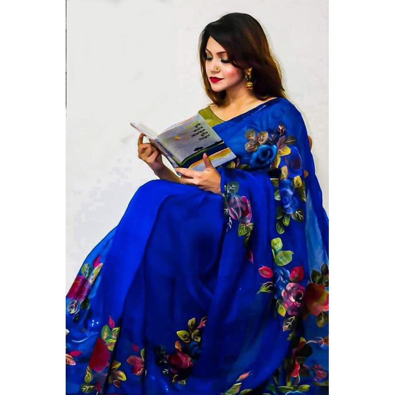 Hand Print Half Silk Sharee For Women