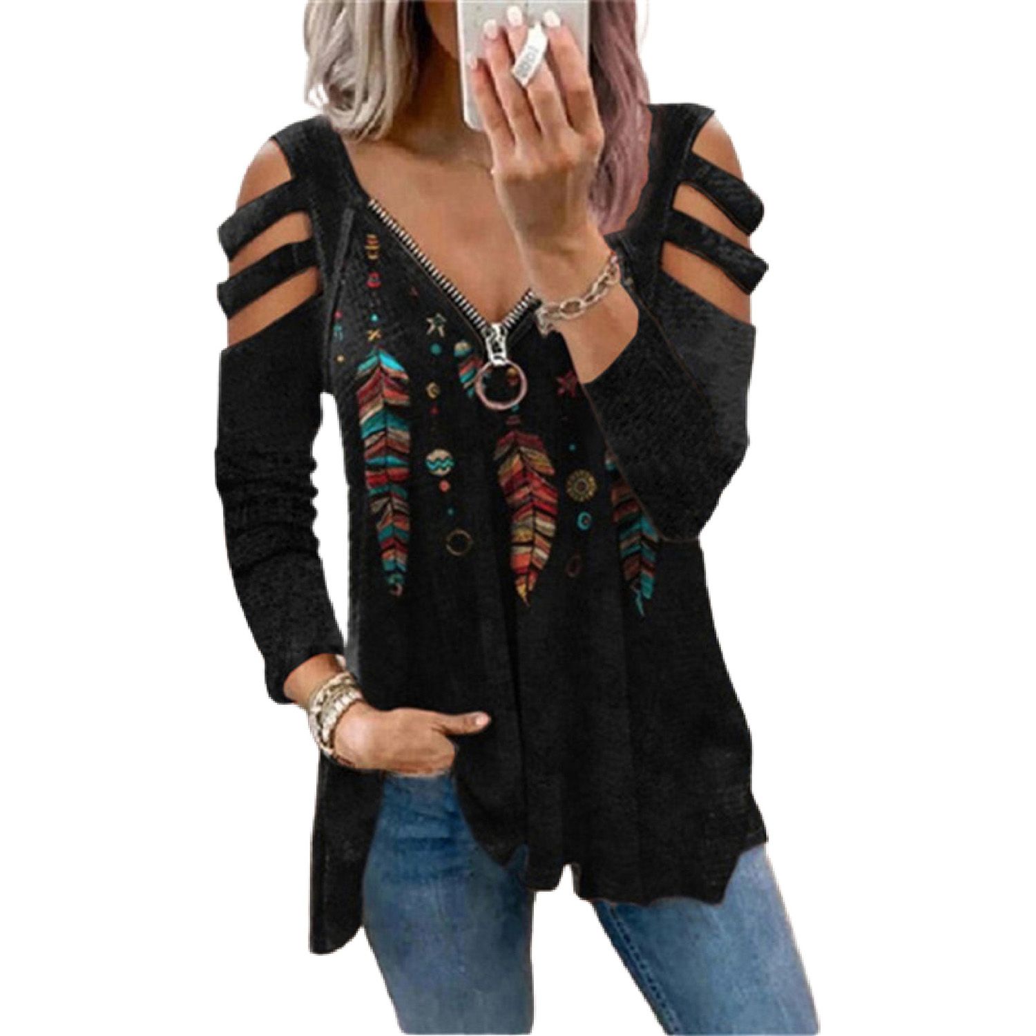 Lady Shirt Vintage Colorful Zipper Fly Pullover Women Shirt